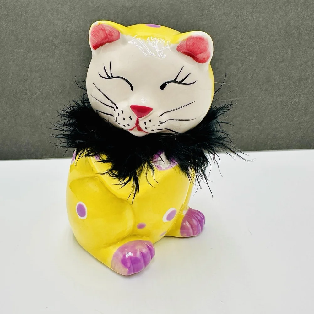 Vintage Anthropomorphic Ceramic Cat Kitten 4.5” Boa Fur Figurine Japan Kitty